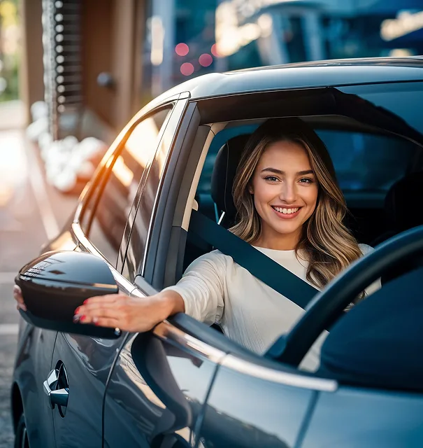 Happy customer driving a rental car